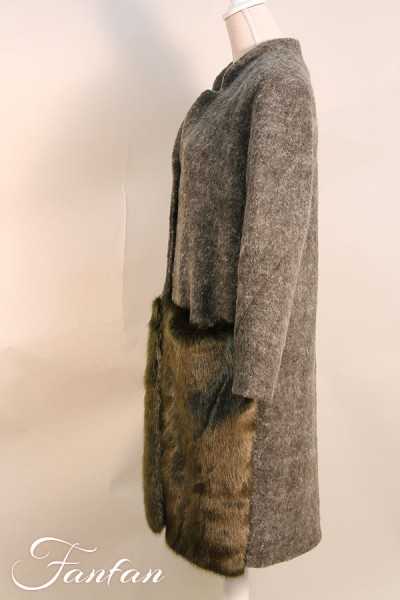 Kontessa Green coat wool and fake Mohair fur