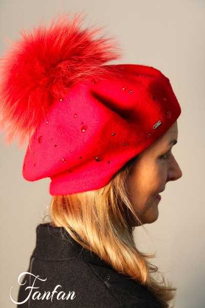 Willi Béret Kesitava rouge framboise avec pompon fourure et pierres