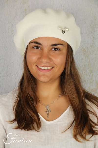 Rabionek Béret blanc cassé en laine avec perles BDZ-918