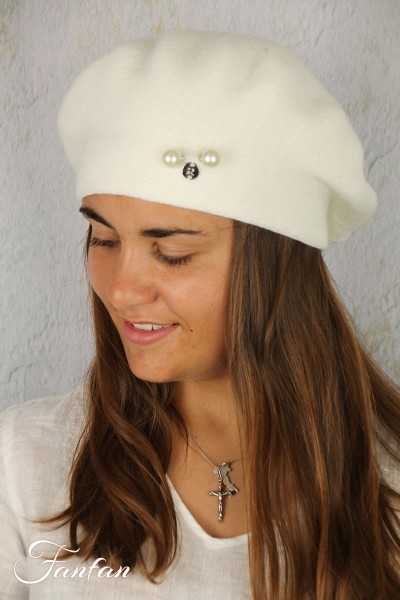 Rabionek Béret blanc cassé en laine avec perles BDZ-918