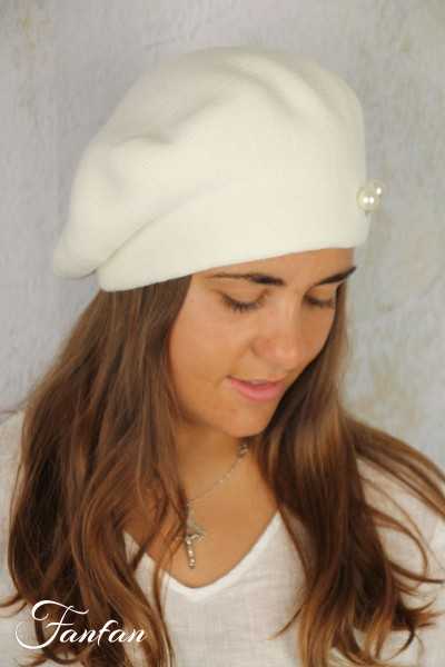 Rabionek Béret blanc cassé en laine avec perles BDZ-918