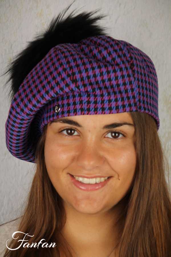 Rabionek Chapeau béret pied de poule violet S22.20PPNJ