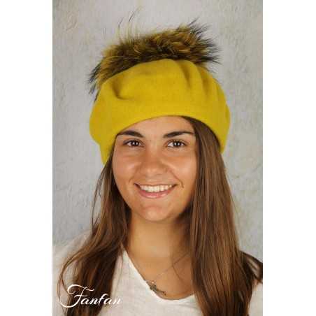 Rabionek Béret en laine jaune avec pompon BA23.01TPNJ