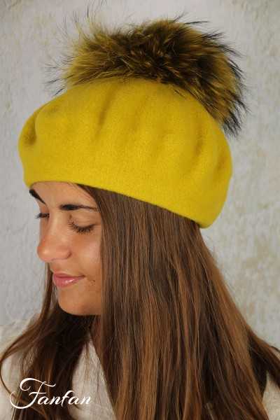 Rabionek Béret en laine jaune avec pompon BA23.01TPNJ