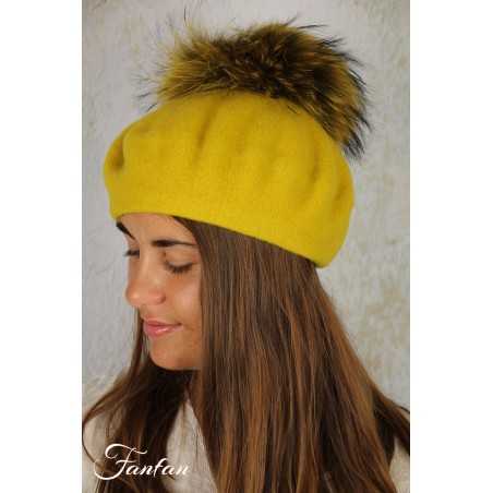 Rabionek Béret en laine jaune avec pompon BA23.01TPNJ