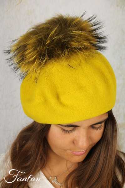 Rabionek Béret en laine jaune avec pompon BA23.01TPNJ
