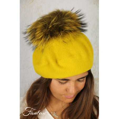 Rabionek Béret en laine jaune avec pompon BA23.01TPNJ
