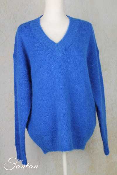 Tricot d'O Pullover bleu cobalt fait main Kid Mohair