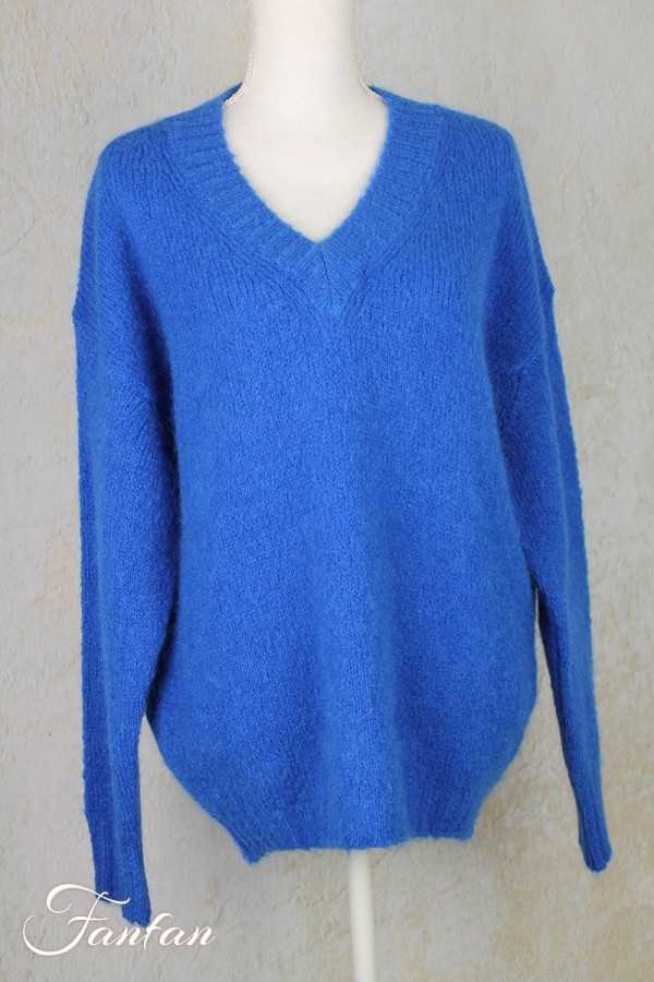 Tricot d'O Pullover bleu cobalt fait main Kid Mohair