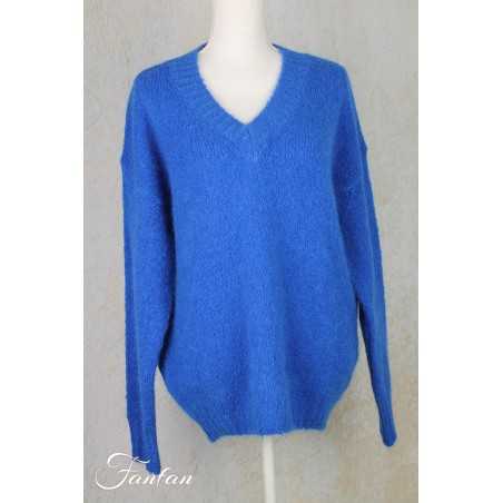 Tricot d'O Pullover bleu cobalt fait main Kid Mohair