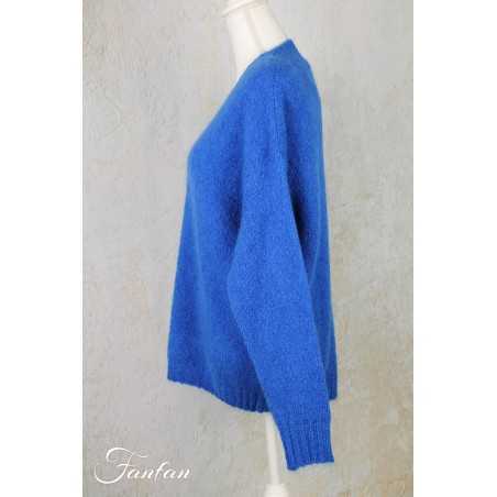 Tricot d'O Pullover bleu cobalt fait main Kid Mohair