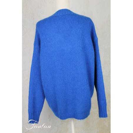 Tricot d'O Pullover bleu cobalt fait main Kid Mohair