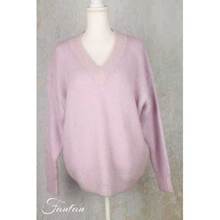 Les Tricots d'O Pullover lilas-rose poudré fait main Kid Mohair