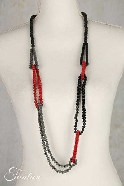 Fanny Fouks Collier sautoir bois noir, gris et rouge
