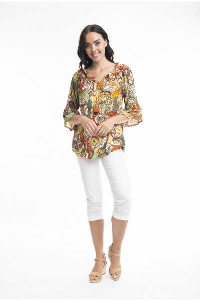 Orientique Naturally Top Ephesus Boho Frill Sleeve 3298 Print