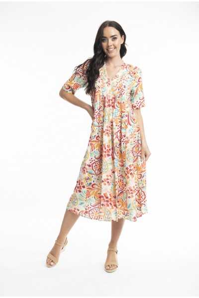 Orientique Naturally Robe Giza Pleated V Neck Elbow slv 81264 Print