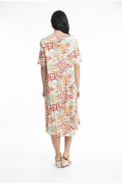 Orientique Naturally Robe Giza Pleated V Neck Elbow slv 81264 Print 1