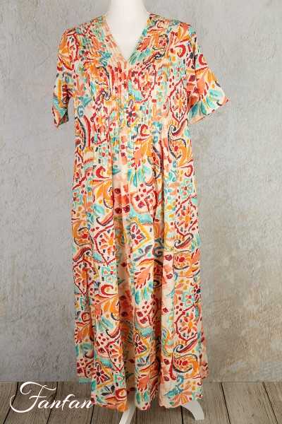 Orientique Naturally Robe Giza Pleated V Neck Elbow slv 82164 Print