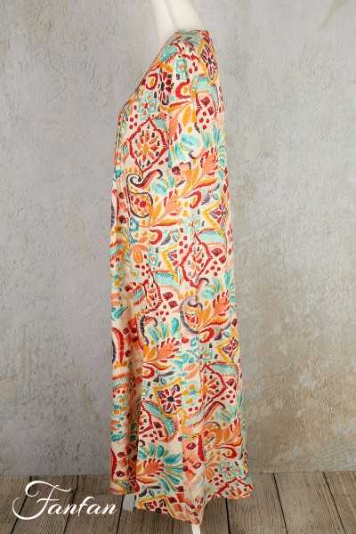 Orientique Naturally Robe Giza Pleated V Neck Elbow slv 82164 Print