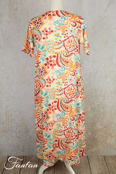 Orientique Naturally Robe Giza Pleated V Neck Elbow slv 82164 Print