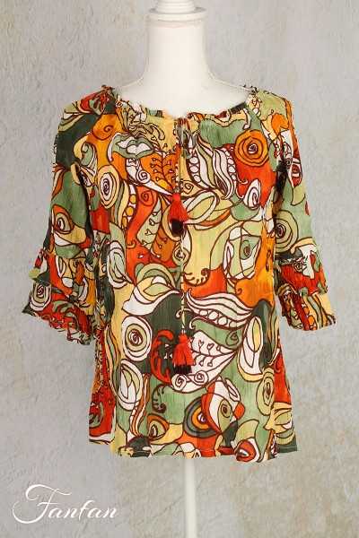 Orientique Naturally Top Ephesus Boho Frill Sleeve 3298 Print