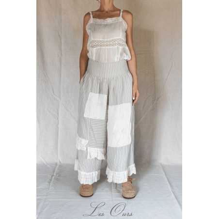 Les Ours Pantalon Ange en Gaz de Coton Rayé Bleu