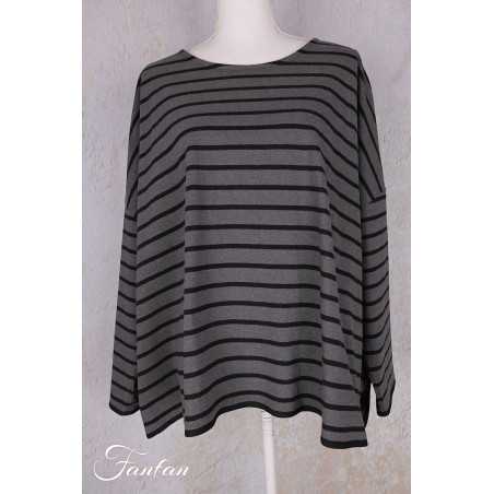 Barbara Lang Pullover ECO V Grau/Noir Gestreift