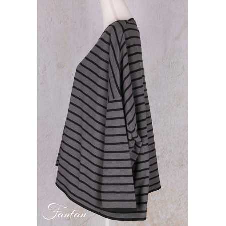 Barbara Lang Pullover ECO V Grau/Noir Gestreift