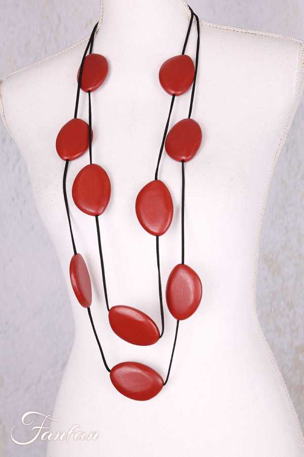 Collier sautoir cuir et bois rouge brun basque