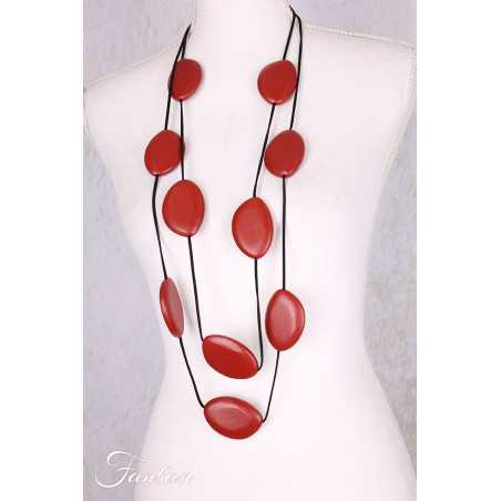 Collier sautoir cuir et bois rouge brun basque
