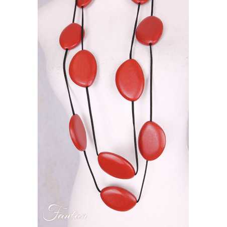 Collier sautoir cuir et bois rouge brun basque