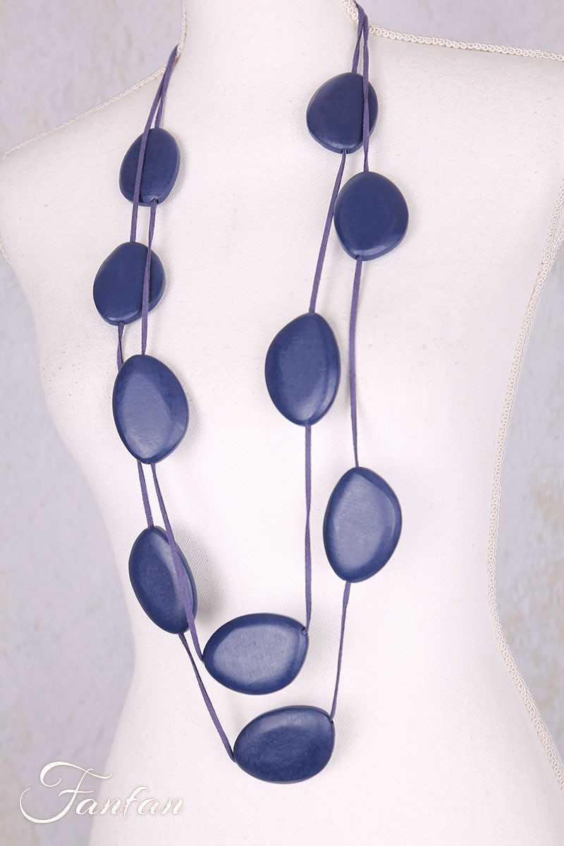 Collier sautoir cuir et bois bleu marine