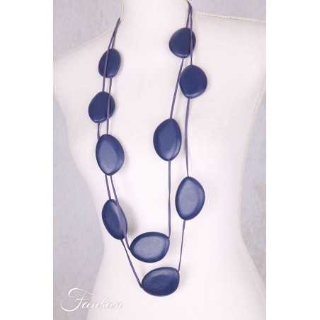 Collier sautoir cuir et bois bleu marine