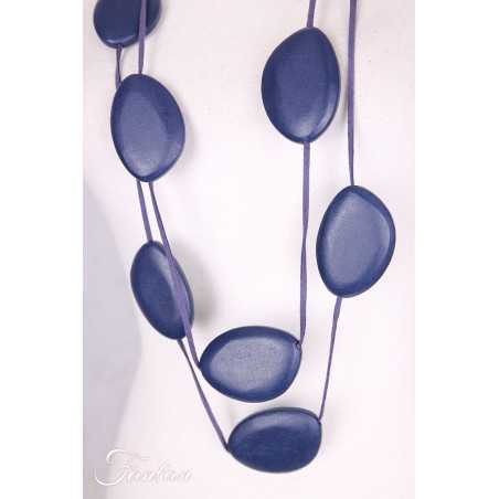 Collier sautoir cuir et bois bleu marine