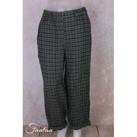 Grizas Pantalon 3713-L-425 lin gaufré petit carreau vert et noir