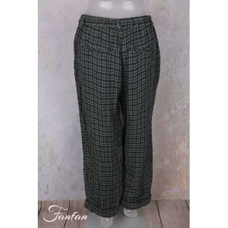 Grizas Pantalon 3713-L-425 lin gaufré petit carreau vert et noir