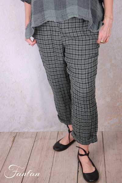 Grizas Pantalon 3713-L-425 lin gaufré petit carreau vert et noir