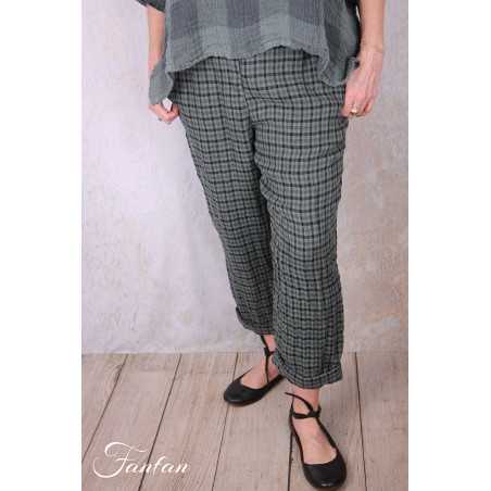 Grizas Pantalon 3713-L-425 lin gaufré petit carreau vert et noir