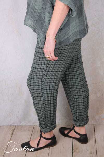 Grizas Pantalon 3713-L-425 lin gaufré petit carreau vert et noir