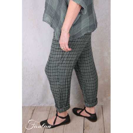 Grizas Pantalon 3713-L-425 lin gaufré petit carreau vert et noir