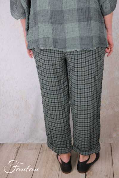Grizas Pantalon 3713-L-425 lin gaufré petit carreau vert et noir