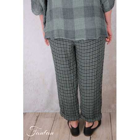 Grizas Pantalon 3713-L-425 lin gaufré petit carreau vert et noir