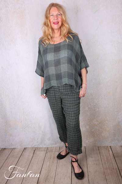 Grizas Pantalon 3713-L-425 lin gaufré petit carreau vert et noir