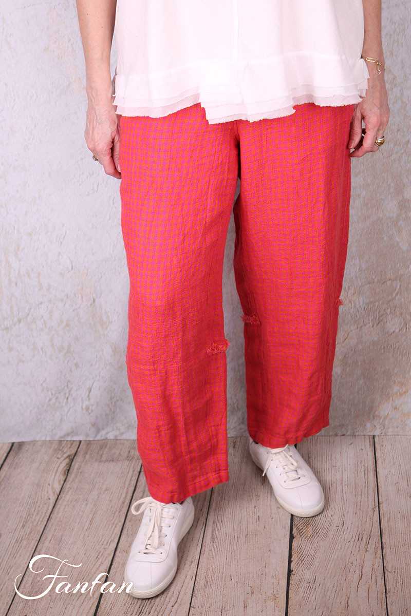 Grizas Pantalon 3858-L-422 en lin gaufré rouge et orange