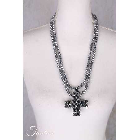 PLÜ-Plus la Vie Collier long perles grises avec Plus